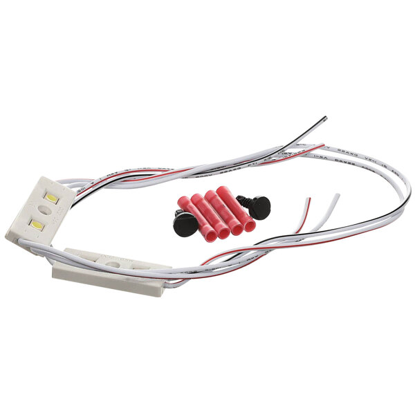 A Glastender LED light strip with red and white wires.