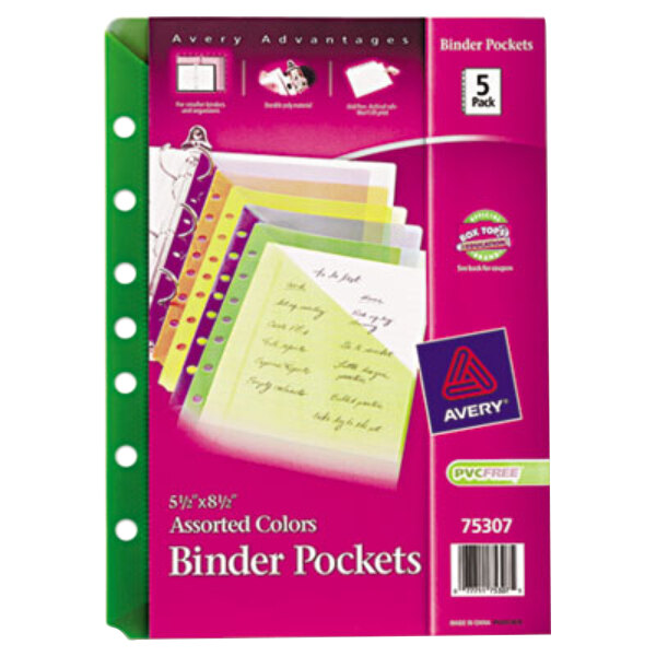 Avery® 75307 5 1/2" x 8 1/2" Mini Assorted Binder Pocket - 5/Pack