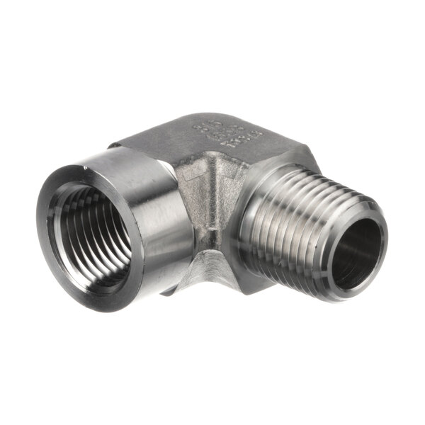 A stainless steel Henny Penny elbow pipe fitting with a threaded end.