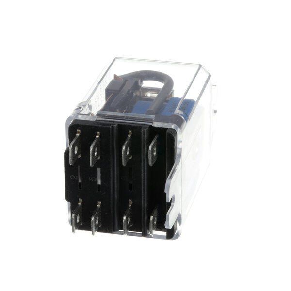 A close-up of a Structural Concepts 20-29641 relay in a clear plastic box with black and white wires.