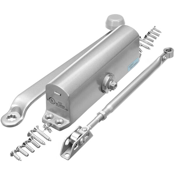 A silver metal International Cold Storage door closer cylinder with screws.