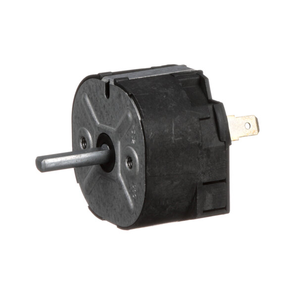 A small black and silver electric motor with a metal rod.