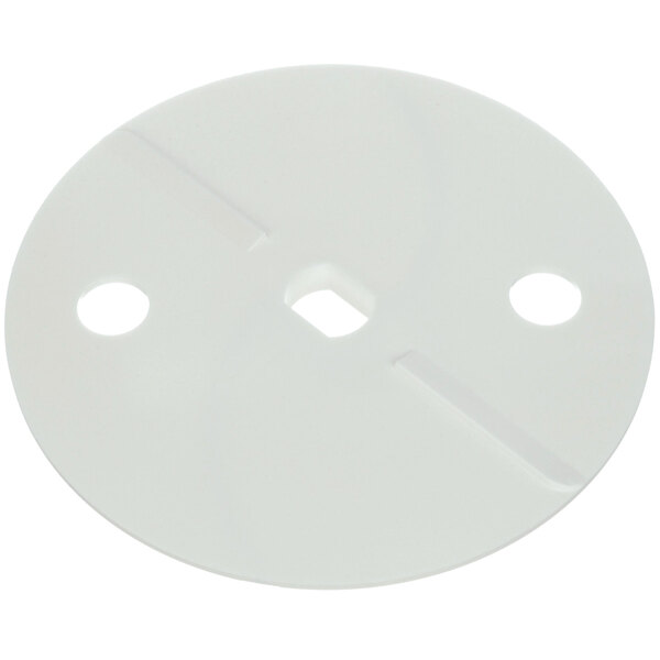 A white circular Robot Coupe discharge plate with holes.