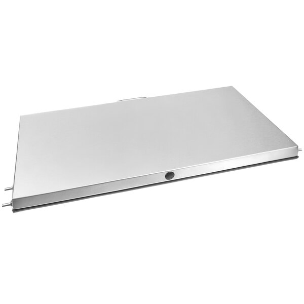 A white rectangular Glastender hinge lid with a silver handle.