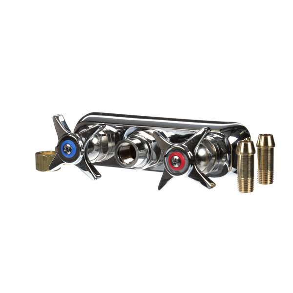 A Market Forge 4" chrome plated faucet assembly with red and blue valves.