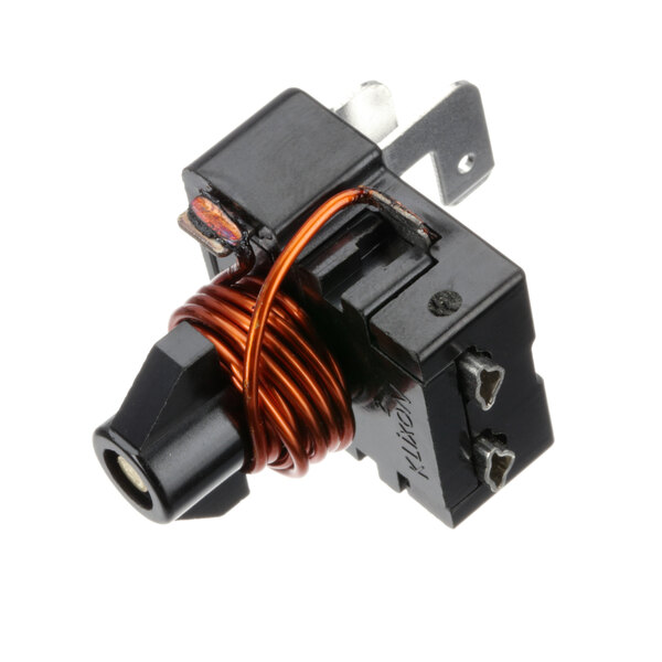 A small black and orange Duke relay with a copper coil inside.