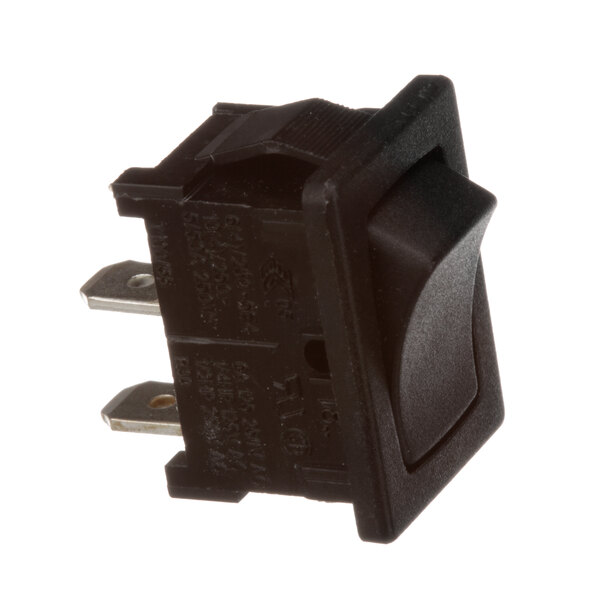A black electrical switch with a button.