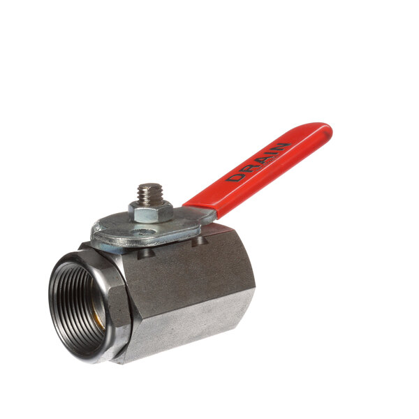 A close-up of a Southbend stainless steel ball valve with a red handle.