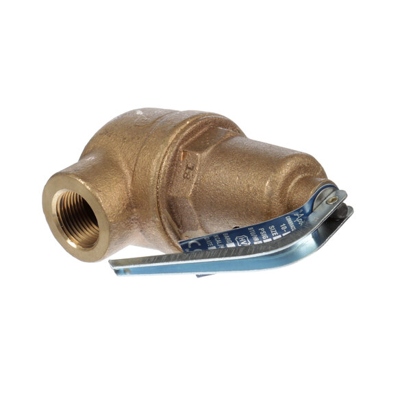 A brass Meiko pressure relief valve with a blue handle.