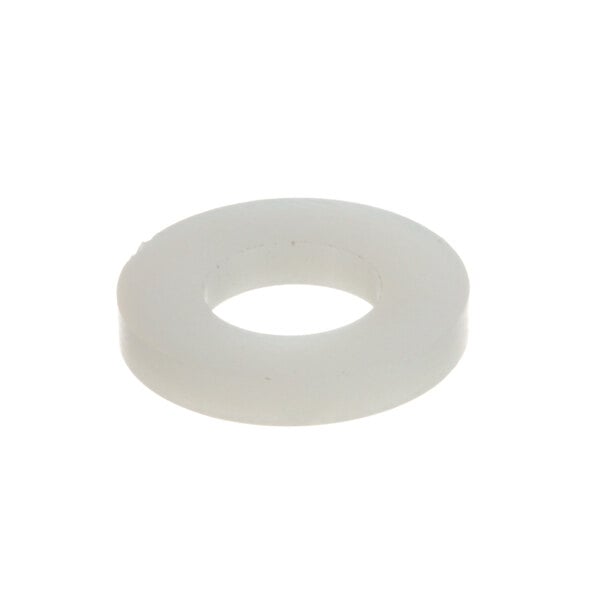 A white plastic washer with a hole in the center.