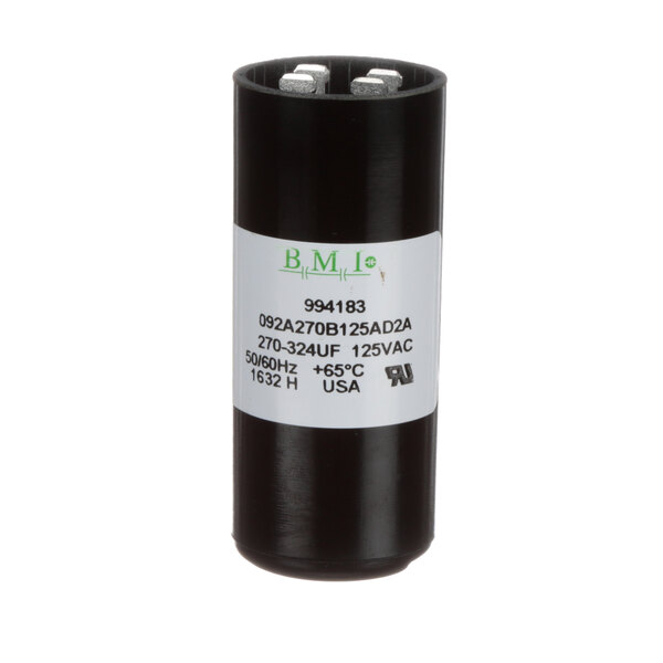 A black round cylindrical capacitor with a white label that says "mjm"