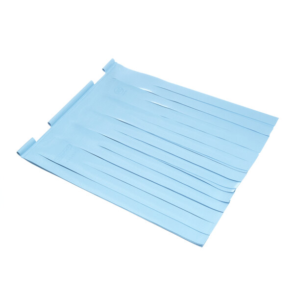 A blue plastic bag with blue plastic strips inside.