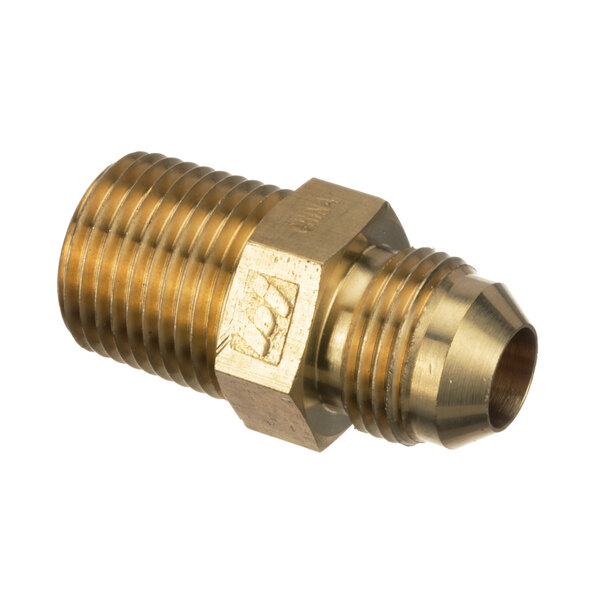 A close-up of a brass threaded Champion male connector.