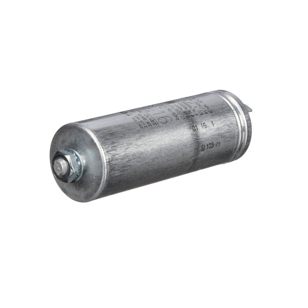 A silver metal Meiko capacitor cylinder with a screw.