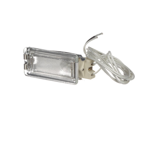 A white light fixture with a wire attached.