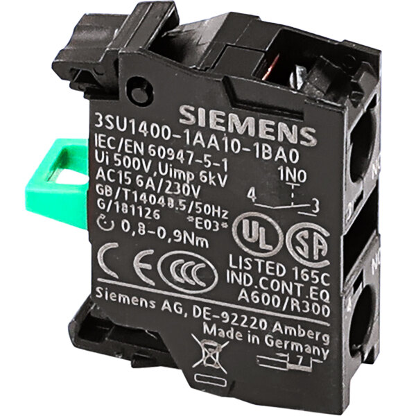 A black Meiko switch element with green and black wires and white text.