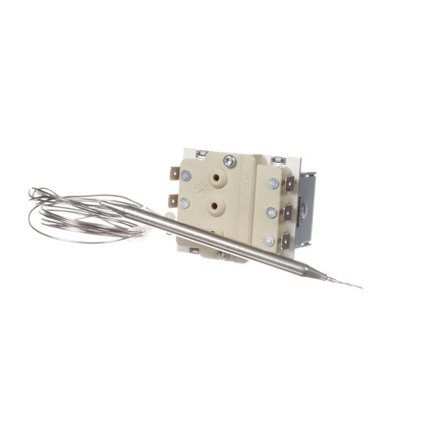 A white rectangular Meiko Hi Limit Thermostat with a wire attached and screw holes.