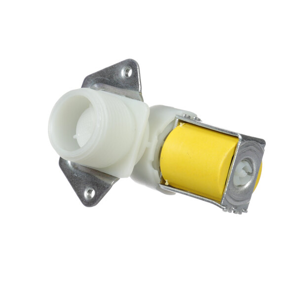 A close-up of a white and yellow Meiko solenoid valve.