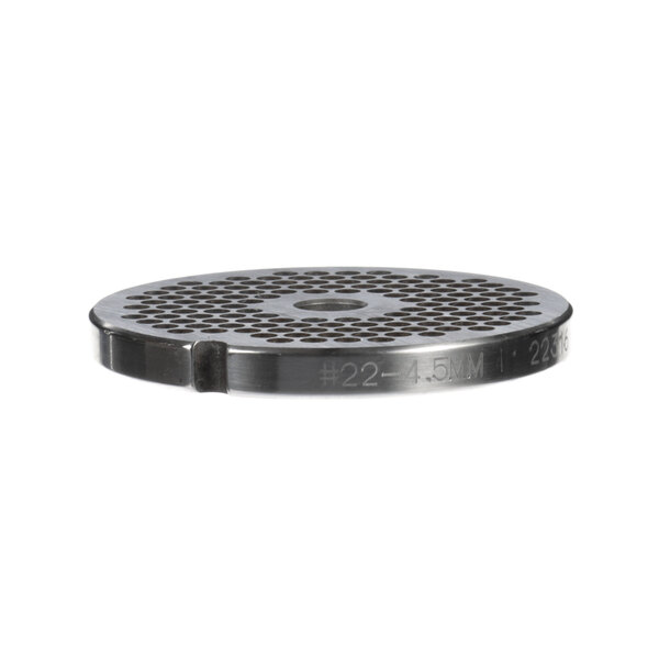 A circular metal Univex grinder plate with holes.