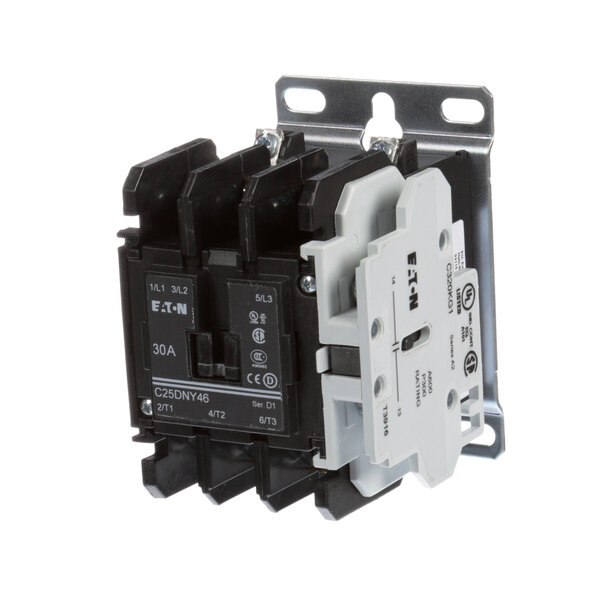 A close-up of a black and white Salvajor contactor with two terminals and two wires.
