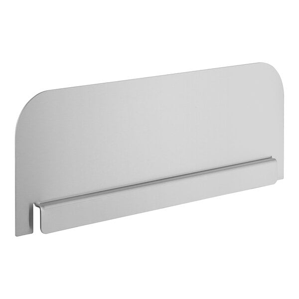 A white rectangular metal splash guard with a curved edge.