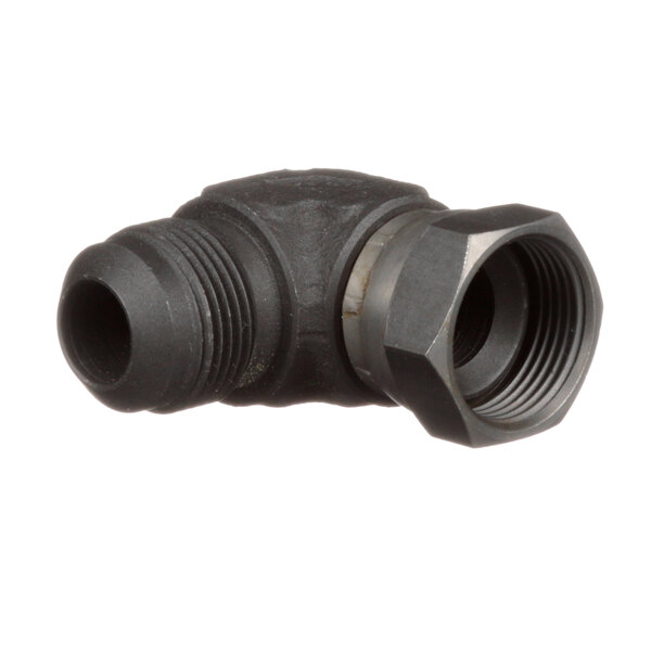 A black metal pipe fitting with a threaded end.