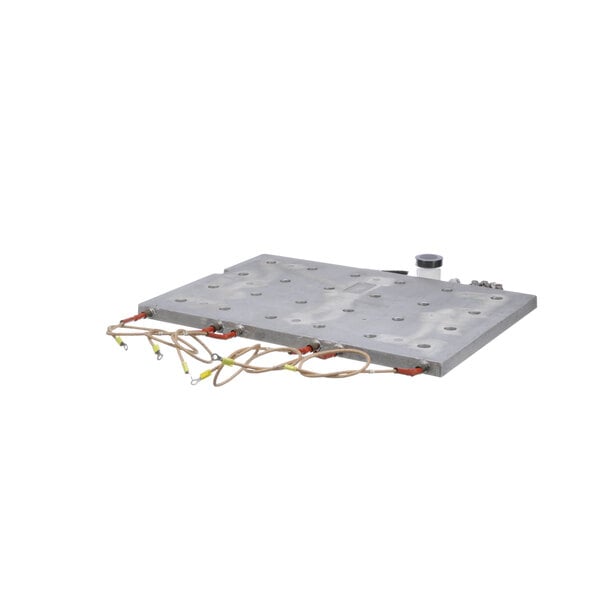 A metal plate with holes and wires.