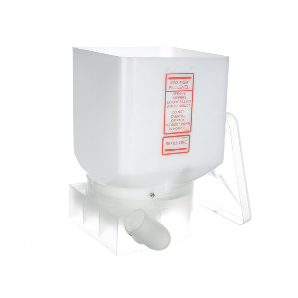 A white plastic Grindmaster-Cecilware CD284L hopper with a red lid.