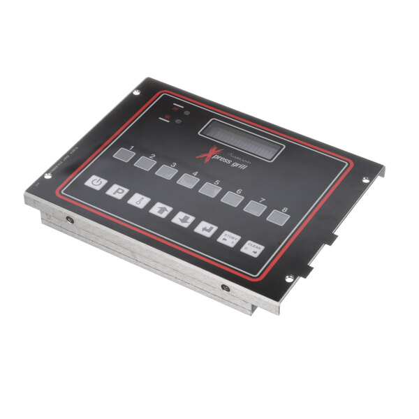 A black and red rectangular control panel with buttons.