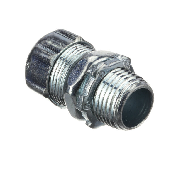 A Stero aluminum threaded connector with a nut.