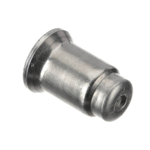 A close-up of a stainless steel threaded metal cylinder.