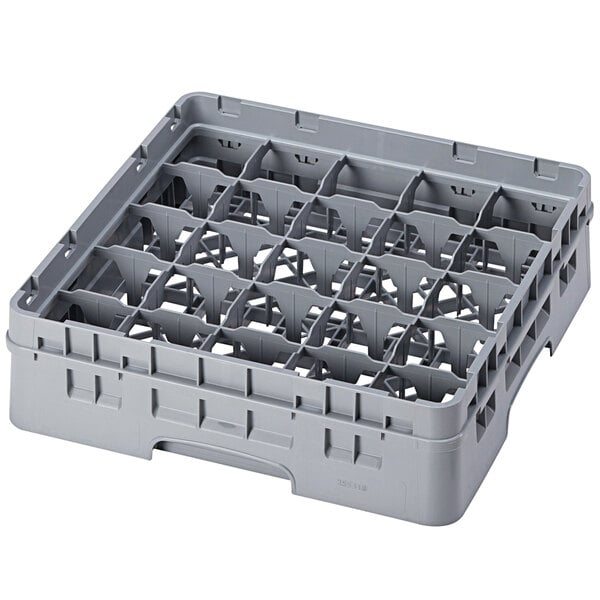 A soft gray plastic Cambro glass rack with 25 compartments.