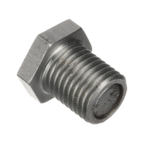 A close-up of a threaded nut on a white background.