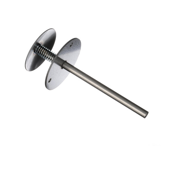 A stainless steel screw with a metal rod and spring on a Baxter interior door handle.
