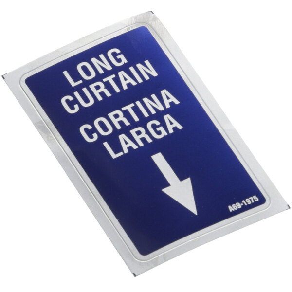 A white decal with blue text reading "long curtain" in Spanish.