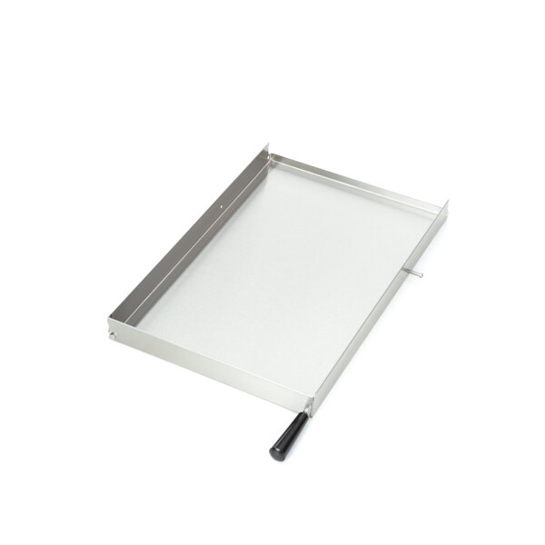 A metal tray with a black handle.