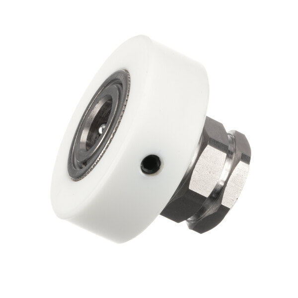 A white plastic Pitco disconnect female wheel with a metal nut.