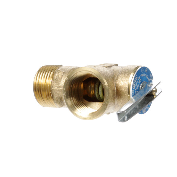 A brass Stero relief valve with a blue label and knob.