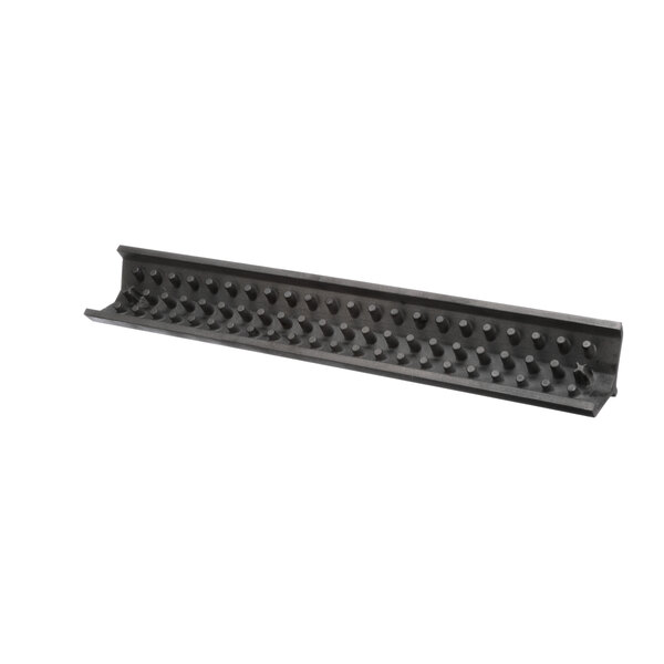 A black plastic shelf with many small holes.