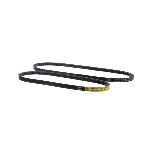 Two black rubber belts with yellow text.