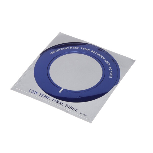 A blue and white circular sticker that says "Stero Dcl Temp Ga Lt Final Rinse"
