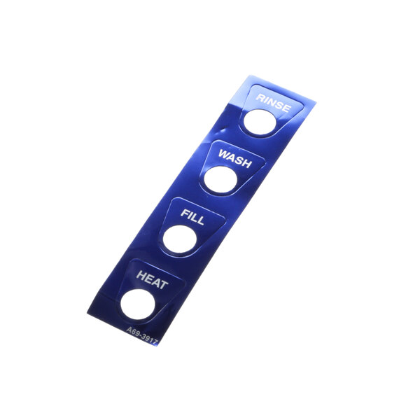 A blue plastic button with circles and white text on a blue label.