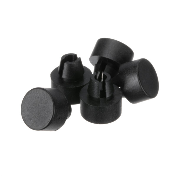 A group of black plastic Rational buffer screw caps.