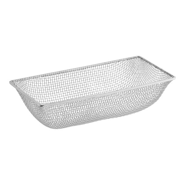 A silver metal basket with wire mesh.
