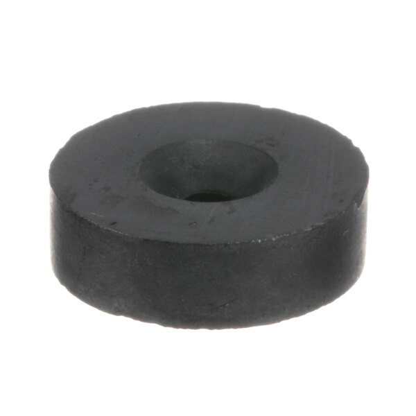 A black circular rubber washer with a hole in the middle.