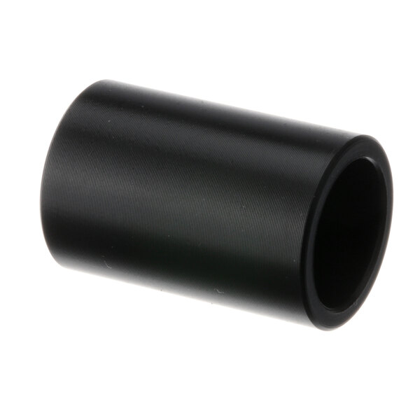 A close-up of a black cylindrical Mannhart bushing with a white background.