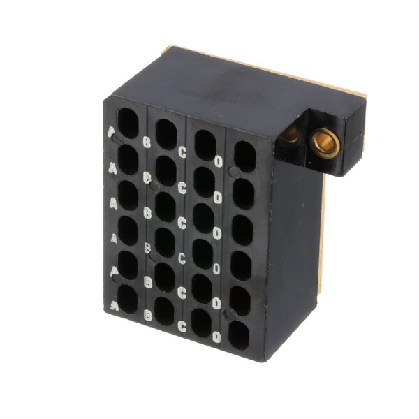 A black Lang terminal block with white letters on it.