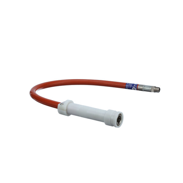 A white and red hose with a white connector.