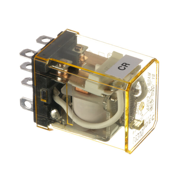 A Salvajor 24v relay with yellow and black wires.