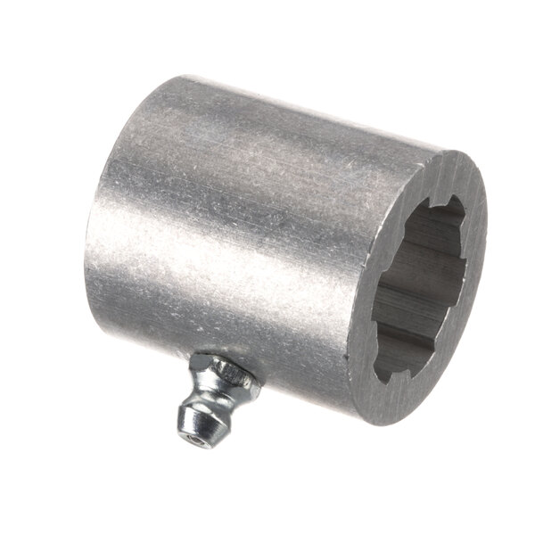 A metal threaded coupling with a screw.